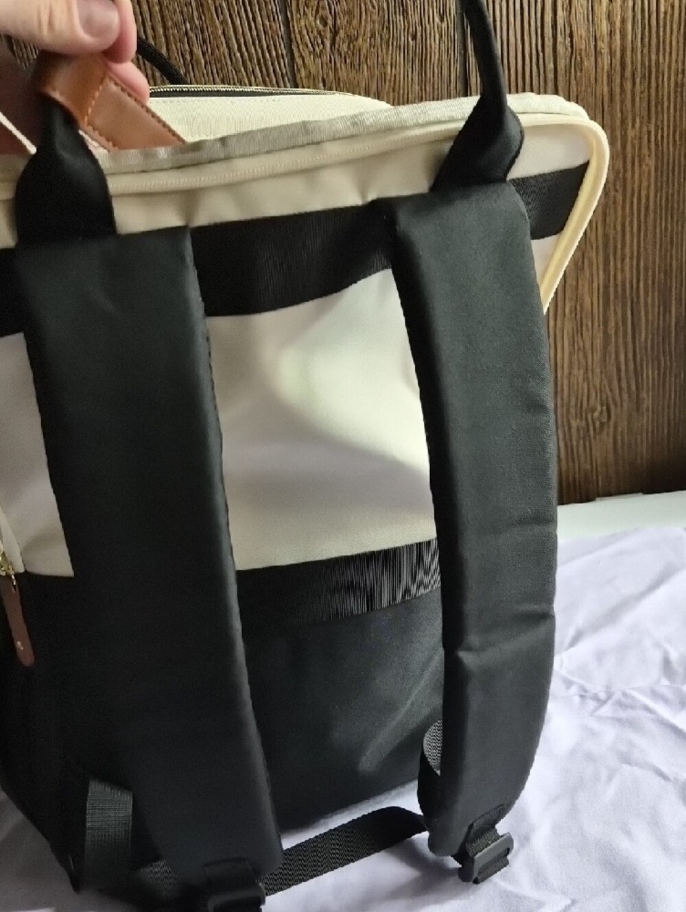 Quilted Black & Cream Canvas Backpack with Brown Trim XL - Picture 3 of 11